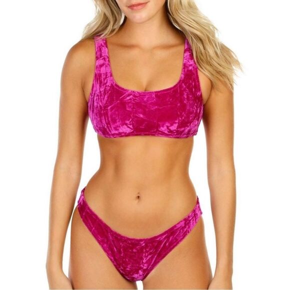 Cabana Del Sol Fuchsia Crushed Velvet Bikini Set Sz M Glam Pool Beach Summer - Picture 1 of 12